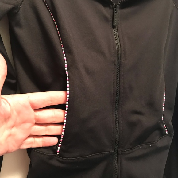 Bebe Sport Black Jacket with White Collar Pink & Black Stripes Ruched Bottom - Picture 6 of 10